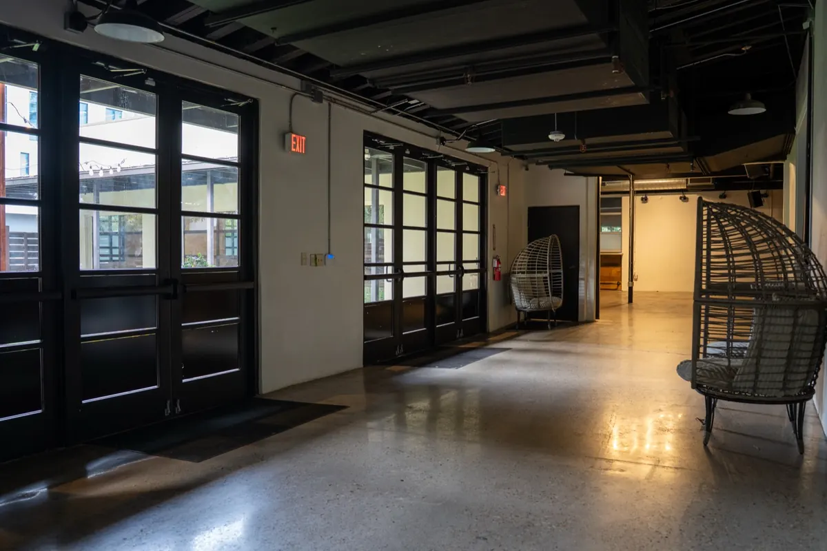 Austin venue lobby with polished glass doors after cleaning