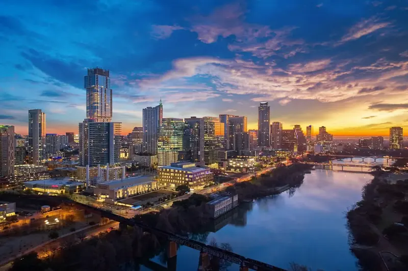 Austin skyline at sunset over the river